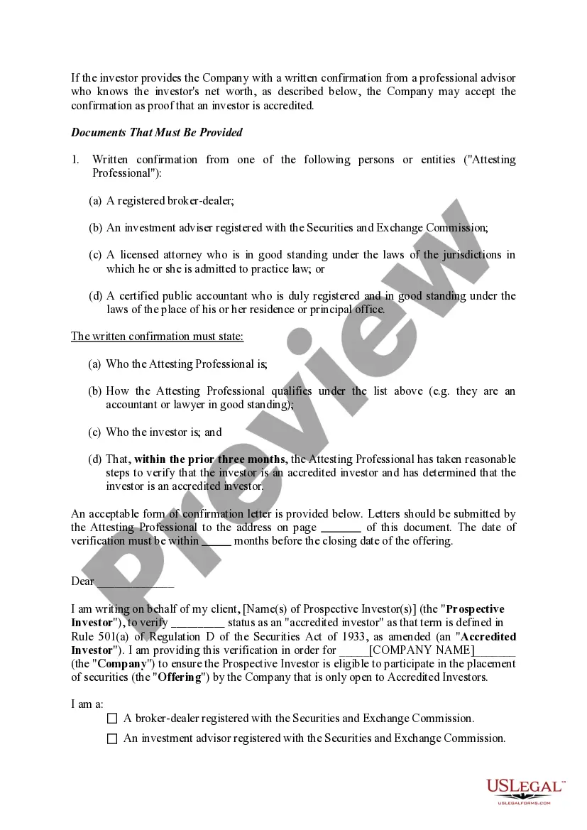 Preview Documentation Required to Confirm Accredited Investor Status