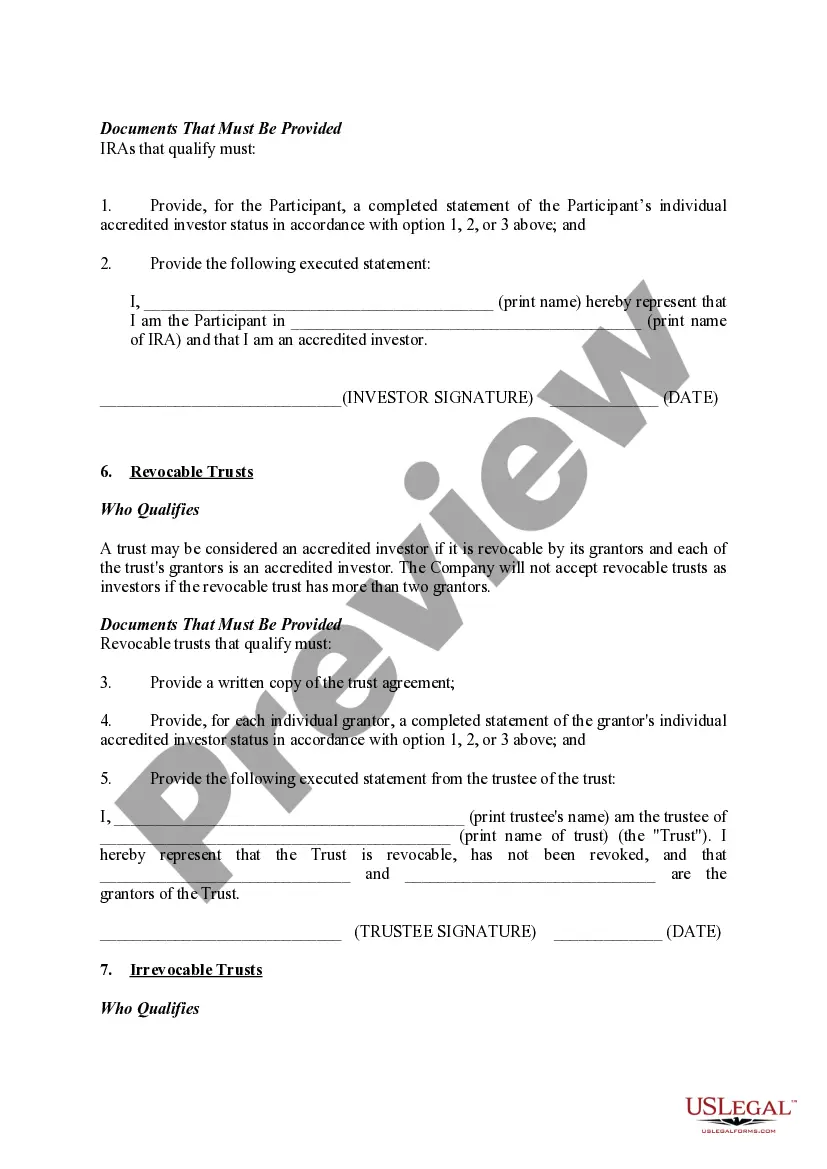 Preview Documentation Required to Confirm Accredited Investor Status