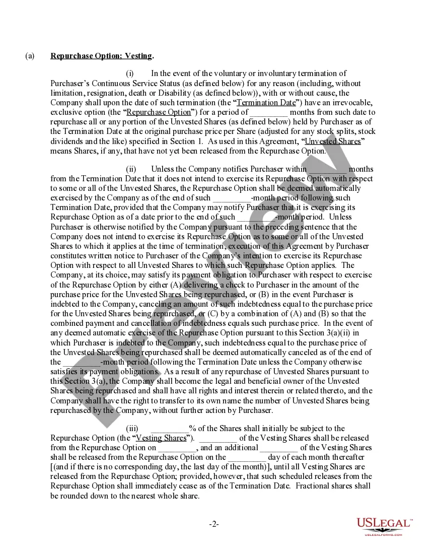 Get Common Stock Purchase Agreement with Vesting Preview Common Stock Purchase Agreement with Vesting