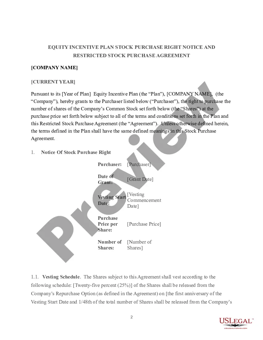 Get Restricted Stock Purchase Agreement for Equity Incentive Plan Preview Restricted Stock Purchase Agreement for Equity Incentive Plan