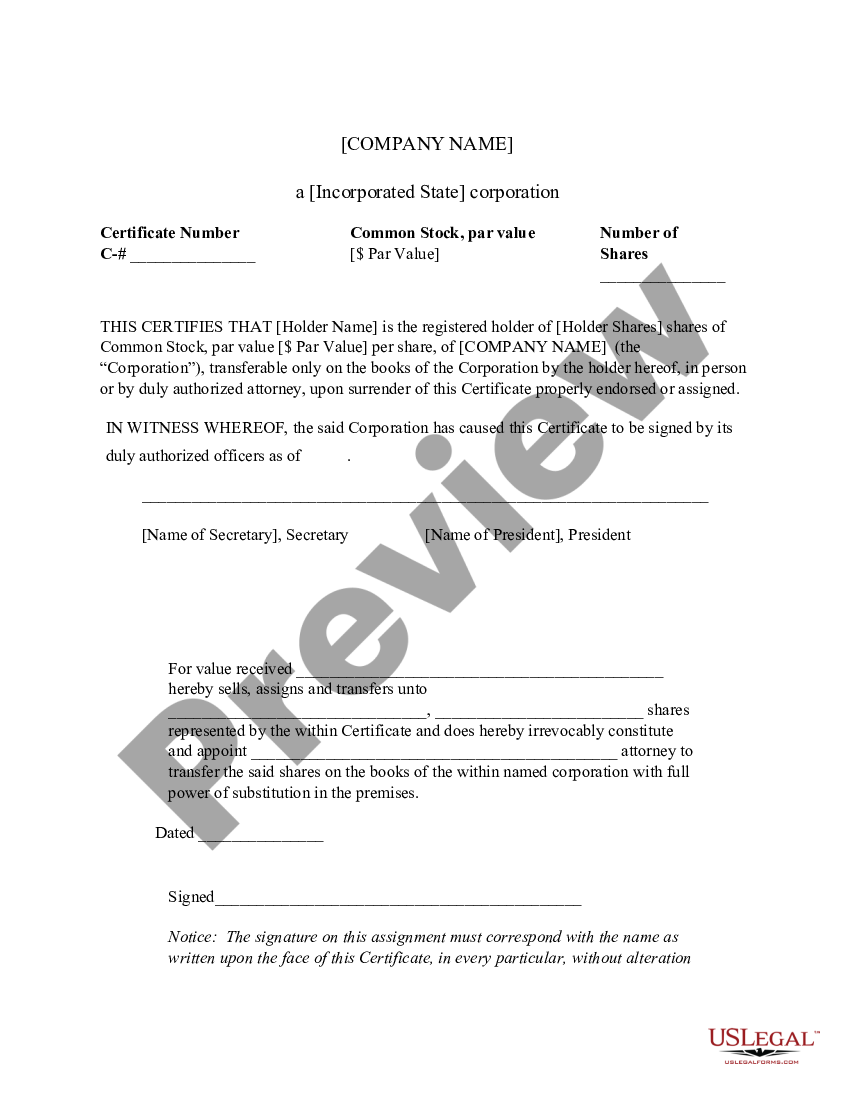 Corporate Stock Certificate | US Legal Forms