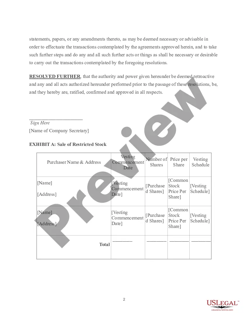 Get Board Resolution Approving Sale of Restricted Stock Preview Board Resolution Approving Sale of Restricted Stock