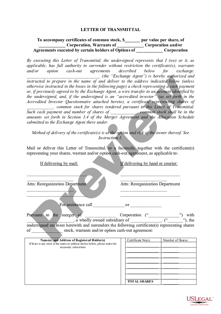 page 0 Letter of Transmittal to Accompany Certificates of Common Stock preview