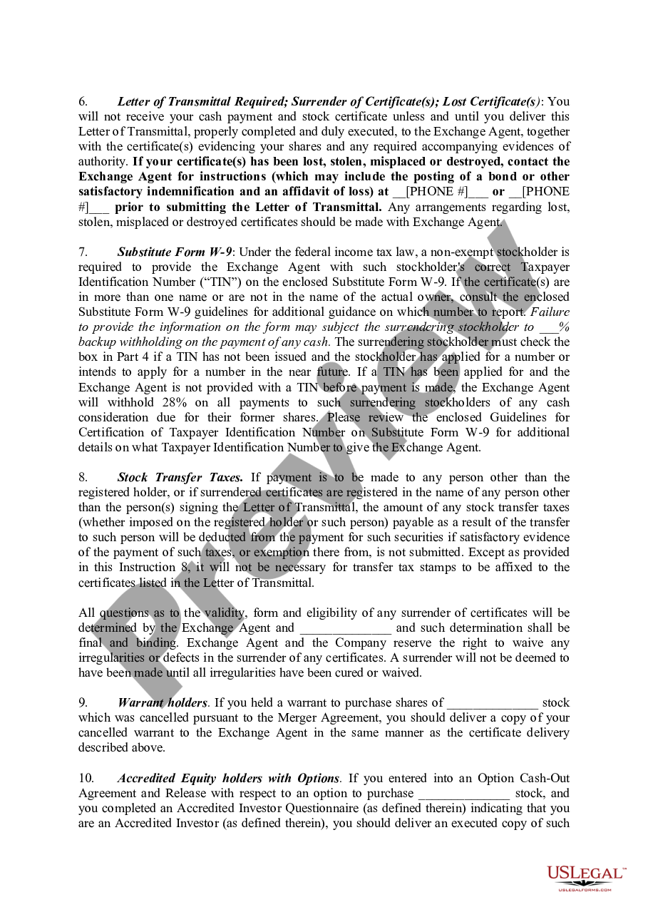 page 3 Letter of Transmittal to Accompany Certificates of Common Stock preview