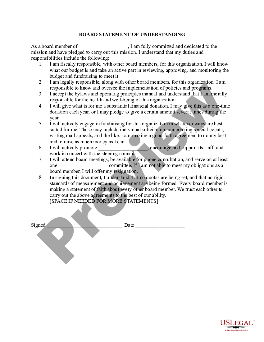Board Statement of Understanding US Legal Forms