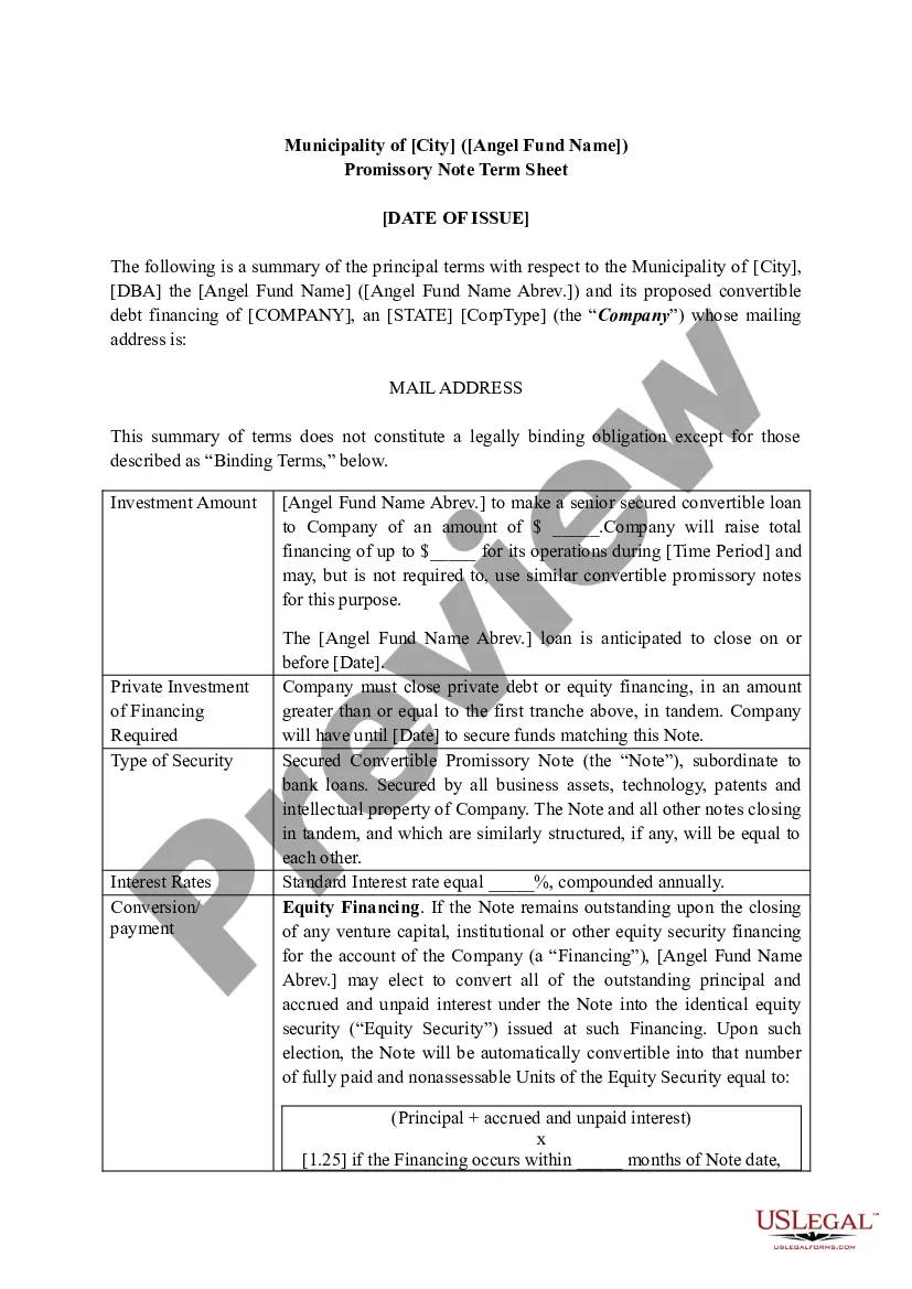 Get Angel Fund Promissory Note Term Sheet Preview Angel Fund Promissory Note Term Sheet
