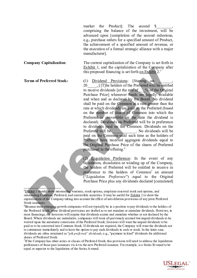 Get Term Sheet for Potential Investment in a Company Preview Term Sheet for Potential Investment in a Company