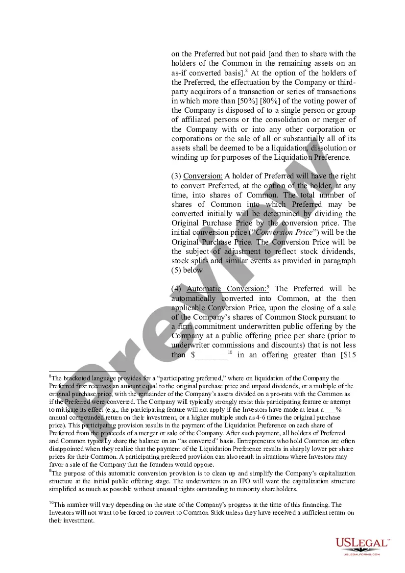 Get Term Sheet for Potential Investment in a Company Preview Term Sheet for Potential Investment in a Company