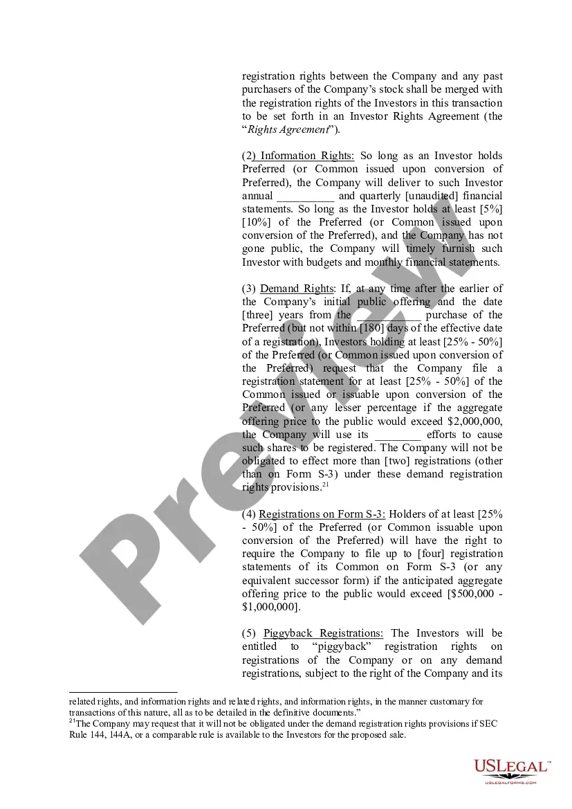 Get Term Sheet for Potential Investment in a Company Preview Term Sheet for Potential Investment in a Company