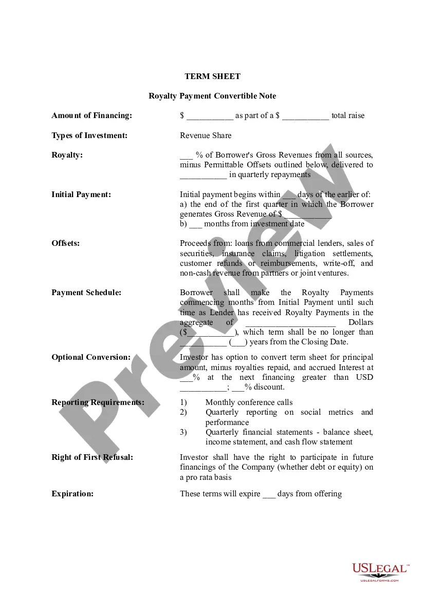 Get Term Sheet - Royalty Payment Convertible Note Preview Term Sheet - Royalty Payment Convertible Note