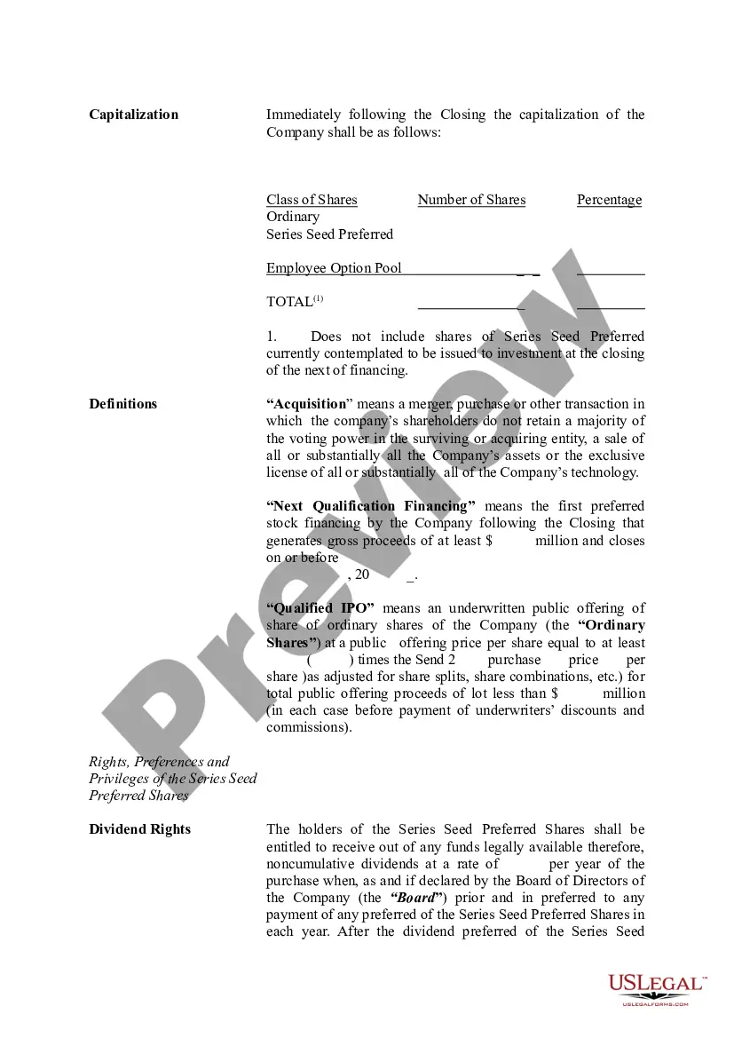 Get Term Sheet - Series Seed Preferred Share for Company Preview Term Sheet - Series Seed Preferred Share for Company