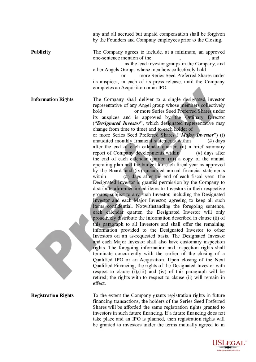 Get Term Sheet - Series Seed Preferred Share for Company Preview Term Sheet - Series Seed Preferred Share for Company
