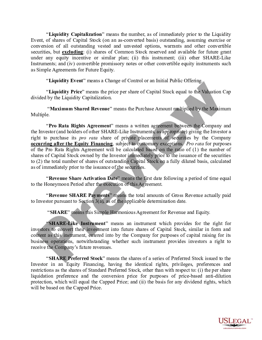 Get Simple Harmonious Agreement for Revenue and Equity Preview Simple Harmonious Agreement for Revenue and Equity