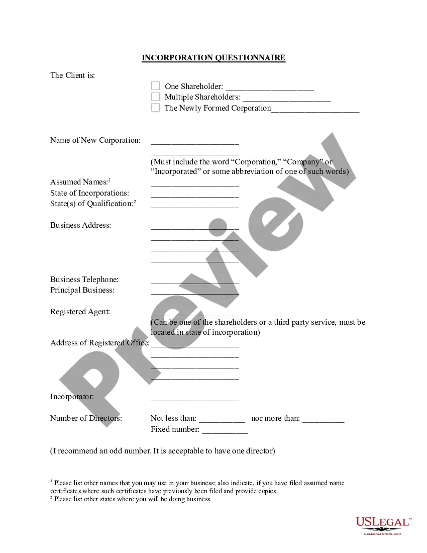 Get Incorporation Questionnaire Preview Incorporation Questionnaire