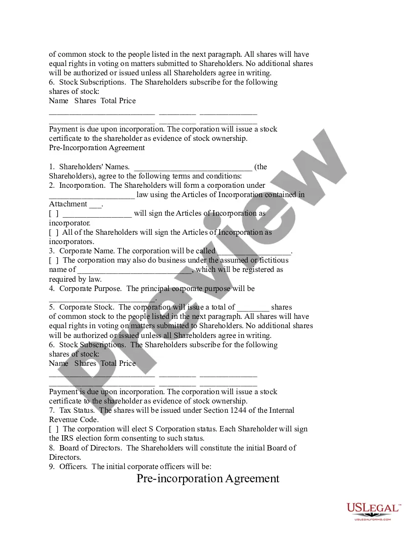 Preview Pre Incorporation Agreement