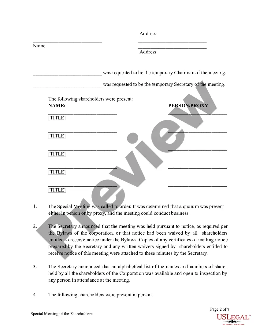 Get Special Meeting Minutes of Shareholders Preview Special Meeting Minutes of Shareholders