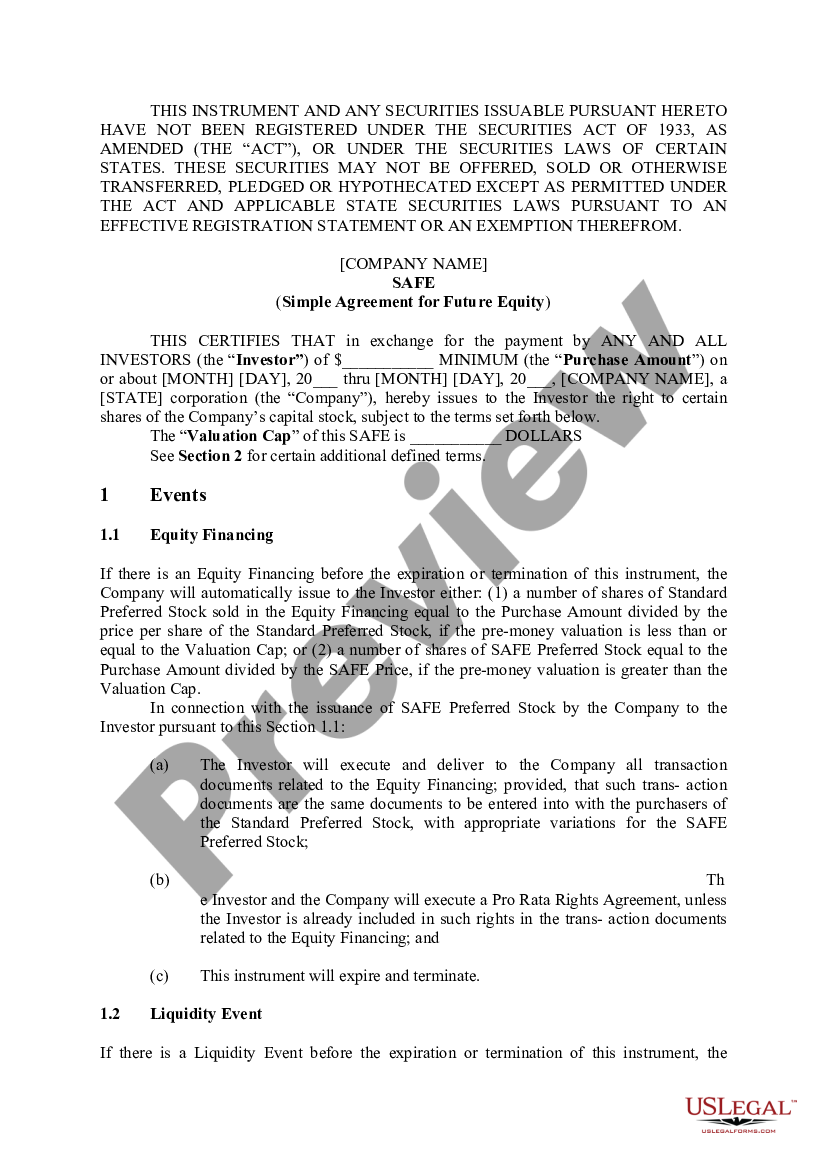 Simple Agreement For Future Equity US Legal Forms