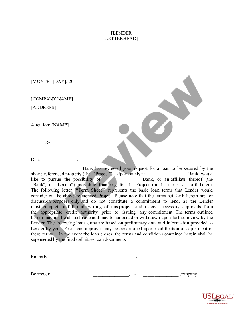 Loan Term Sheet | US Legal Forms