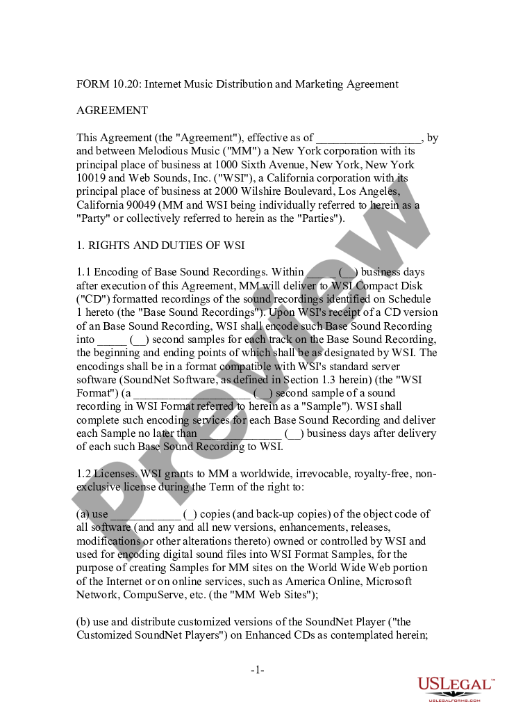 page 0 Internet Music Distribution and Marketing Agreement preview