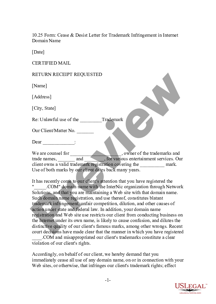 page 0 Form - Cease and Desist Letter For Trademark Infringement Internet Domain Name preview