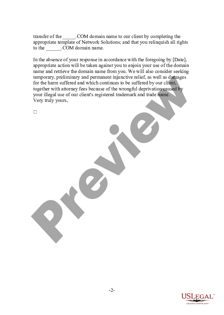 page 1 Form - Cease and Desist Letter For Trademark Infringement Internet Domain Name preview