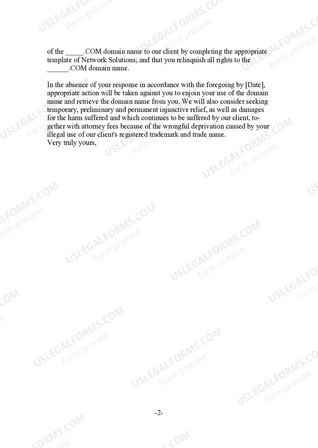 Preview Form - Cease and Desist Letter For Trademark Infringement Internet Domain Name