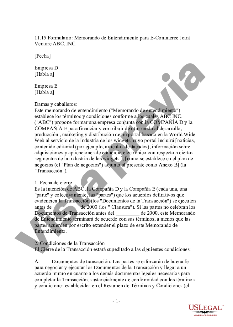 Kings New York Memorándum de entendimiento para la empresa conjunta de  comercio electrónico ABC, Inc. | US Legal Forms