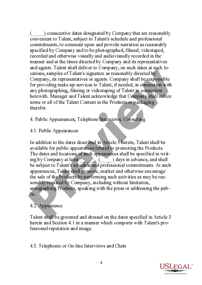 Preview Producer - Manager - Talent Agreement - Name and Likeness Release for Use in Multimedia Project