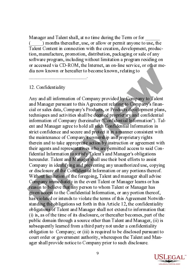 Preview Producer - Manager - Talent Agreement - Name and Likeness Release for Use in Multimedia Project