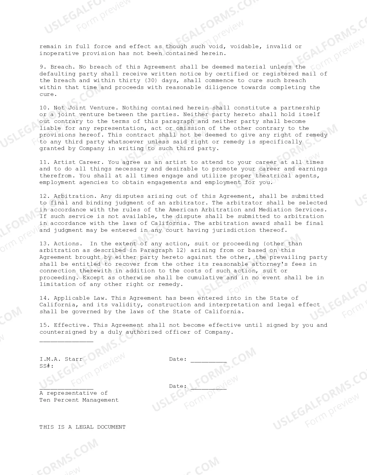 Preview Exclusive Personal Management Agreement