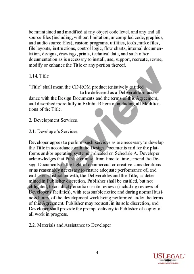 Get Publisher Oriented Compact Disc (CD) Title Development Agreement Preview Publisher Oriented Compact Disc (CD) Title Development Agreement