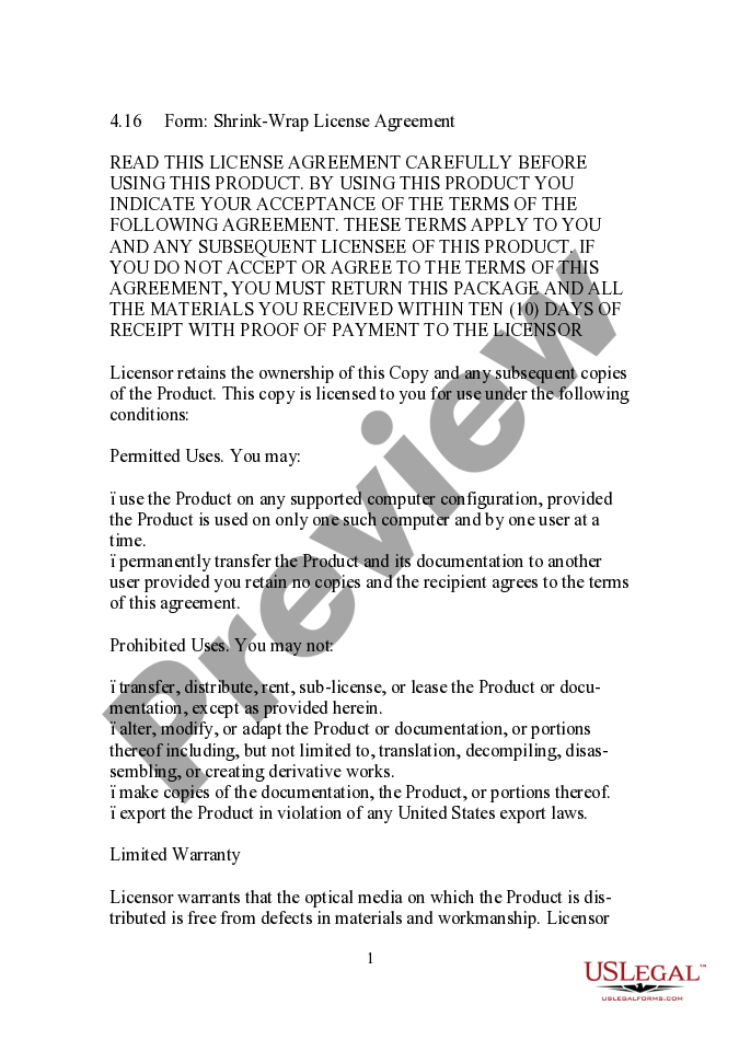 ShrinkWrap License Agreement US Legal Forms