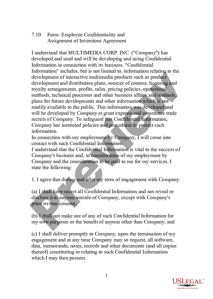 page 0 Employee Confidentiality and Assignment of Inventions Agreement preview