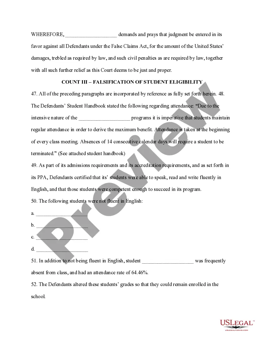 Preview Sample Complaint under False Claims Act