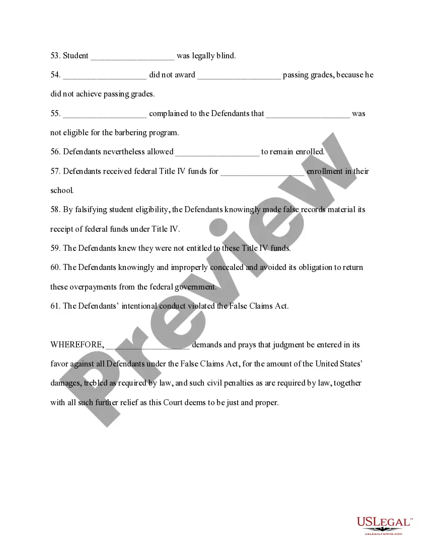 Preview Sample Complaint under False Claims Act