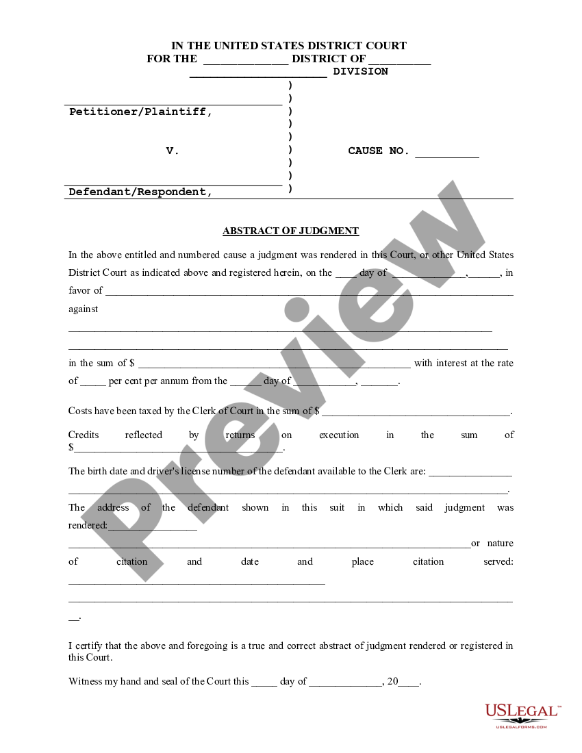 Abstract Of Judgment Us Legal Forms