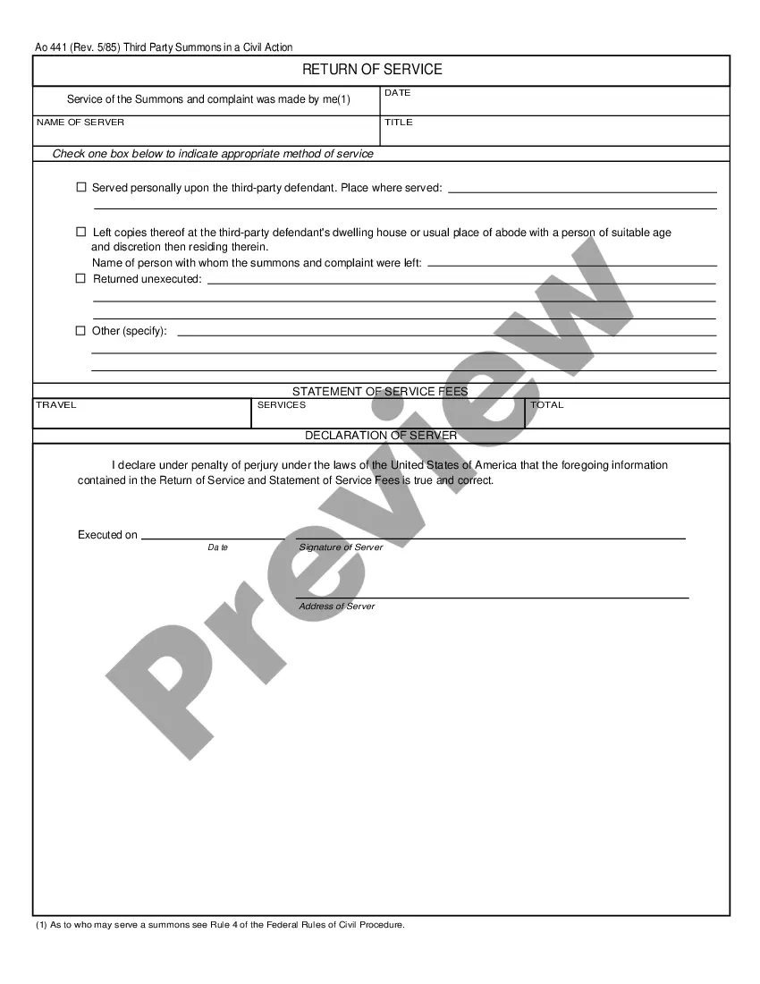 Get AO-441 Third Party Summons - Civil Action - Federal District Court Official Form Preview AO-441 Third Party Summons - Civil Action - Federal District Court Official Form