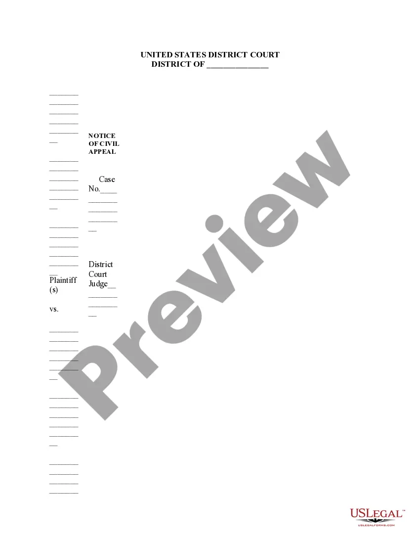 Preview Notice of Appeal - Federal District Court Official Form