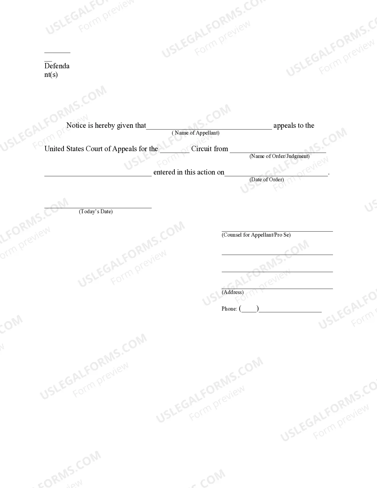 Preview Notice of Appeal - Federal District Court Official Form