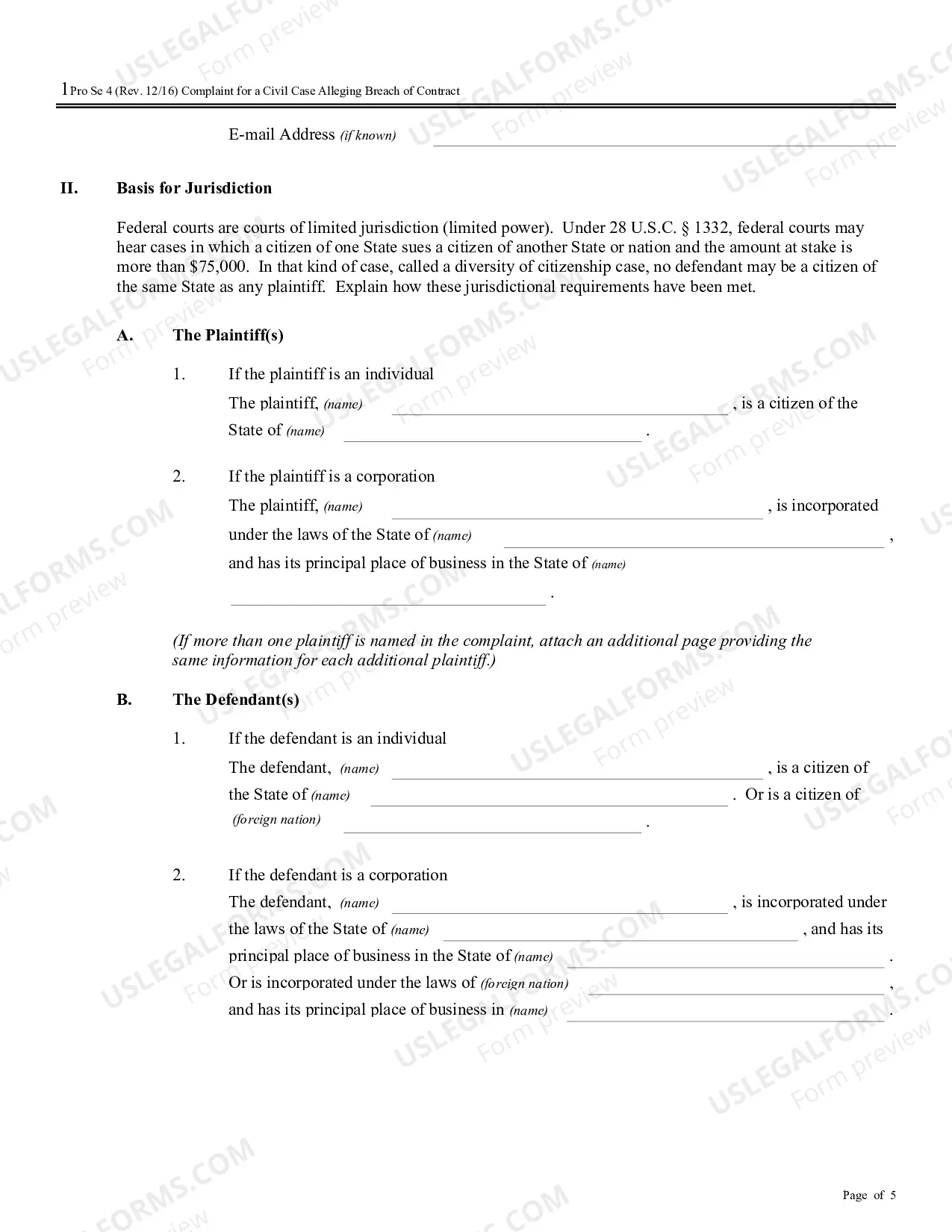 Preview Complaint for a Civil Case Alleging Breach of Contract