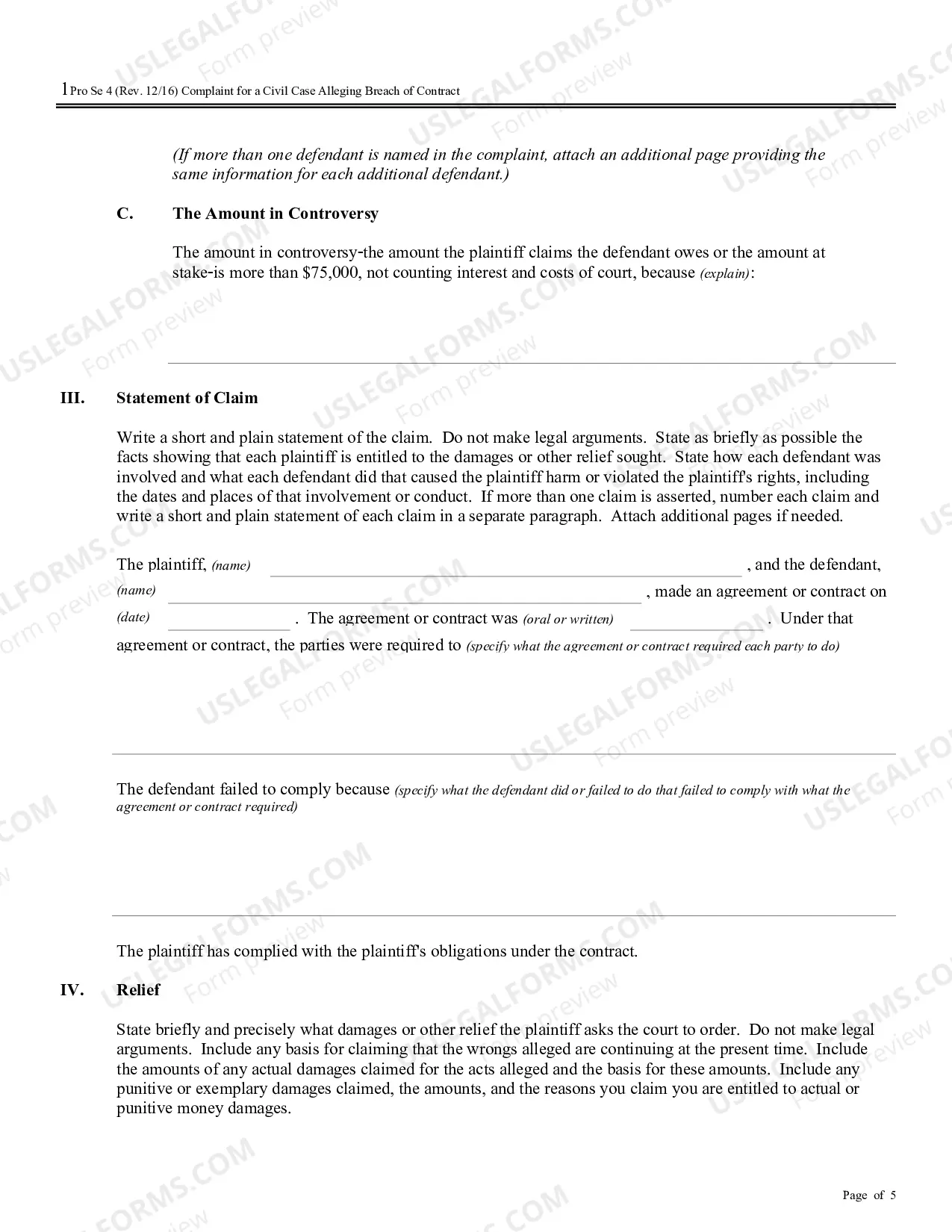 Preview Complaint for a Civil Case Alleging Breach of Contract