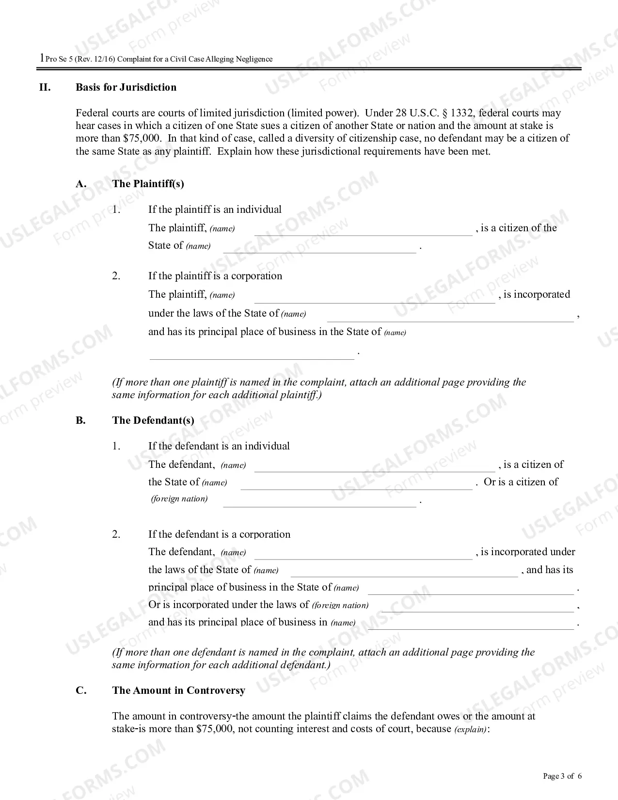 Preview Complaint for a Civil Case Alleging Negligence
