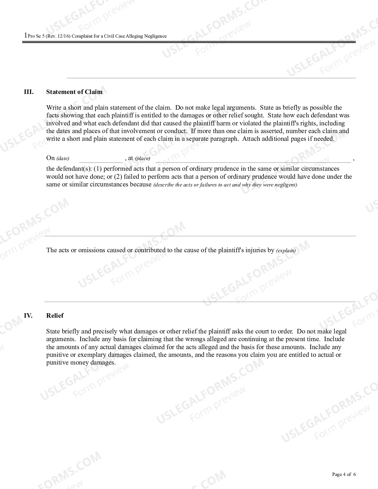 Preview Complaint for a Civil Case Alleging Negligence
