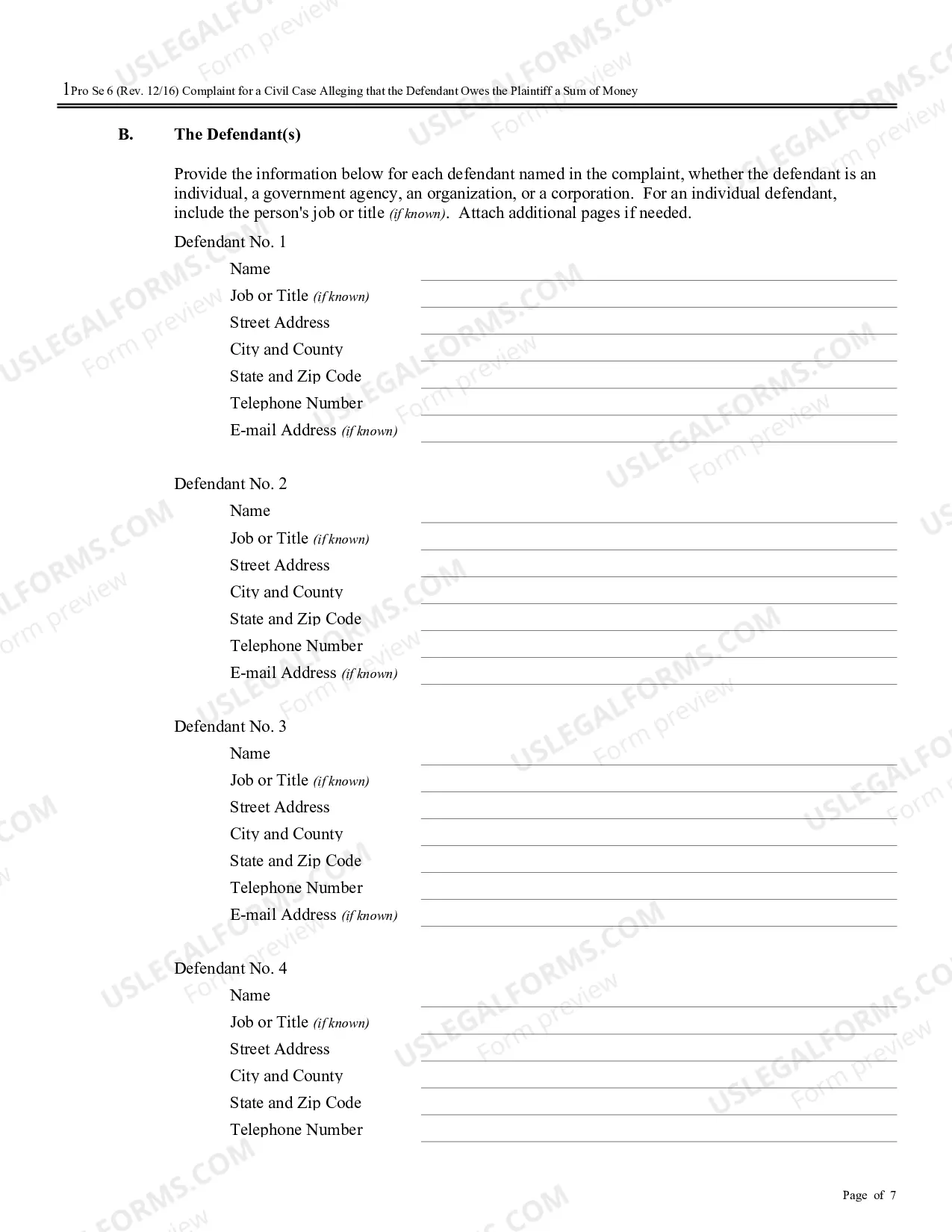 Preview Complaint for a Civil Case Alleging that the Defendant Owes the Plaintiff a Sum of Money