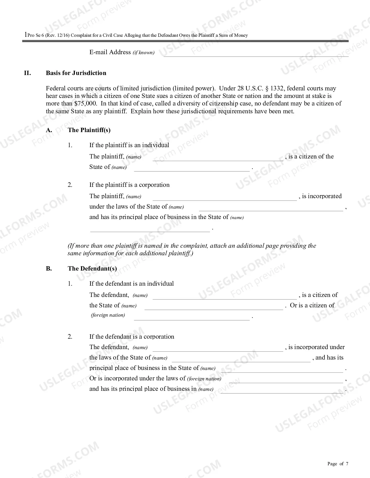 Preview Complaint for a Civil Case Alleging that the Defendant Owes the Plaintiff a Sum of Money