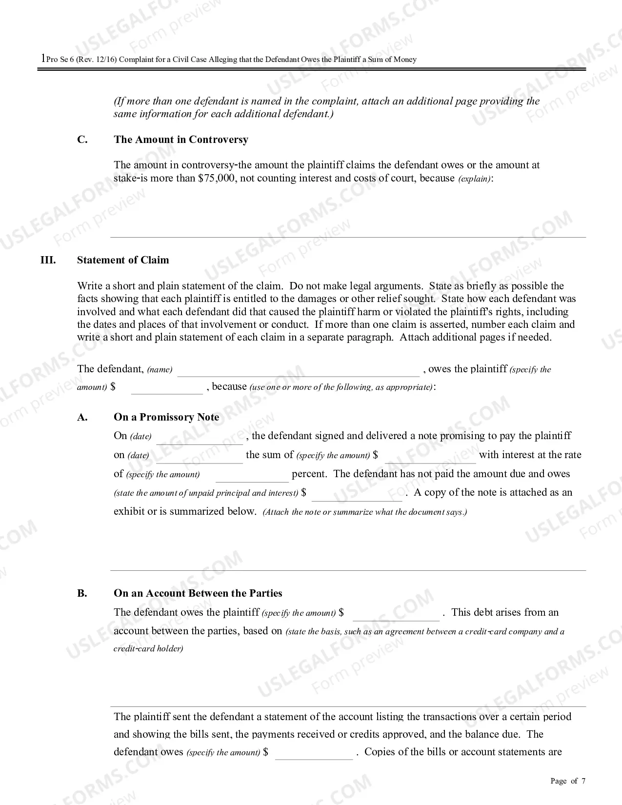 Preview Complaint for a Civil Case Alleging that the Defendant Owes the Plaintiff a Sum of Money