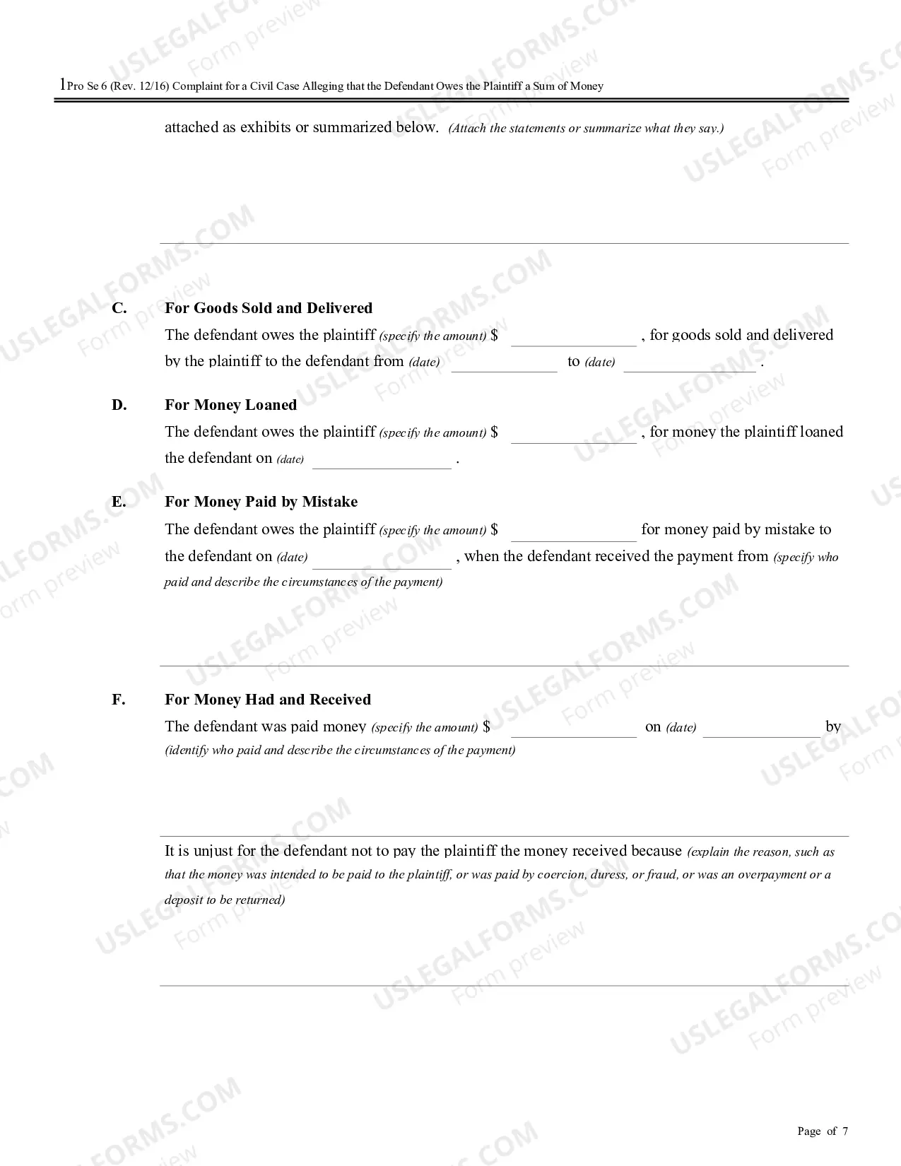Preview Complaint for a Civil Case Alleging that the Defendant Owes the Plaintiff a Sum of Money