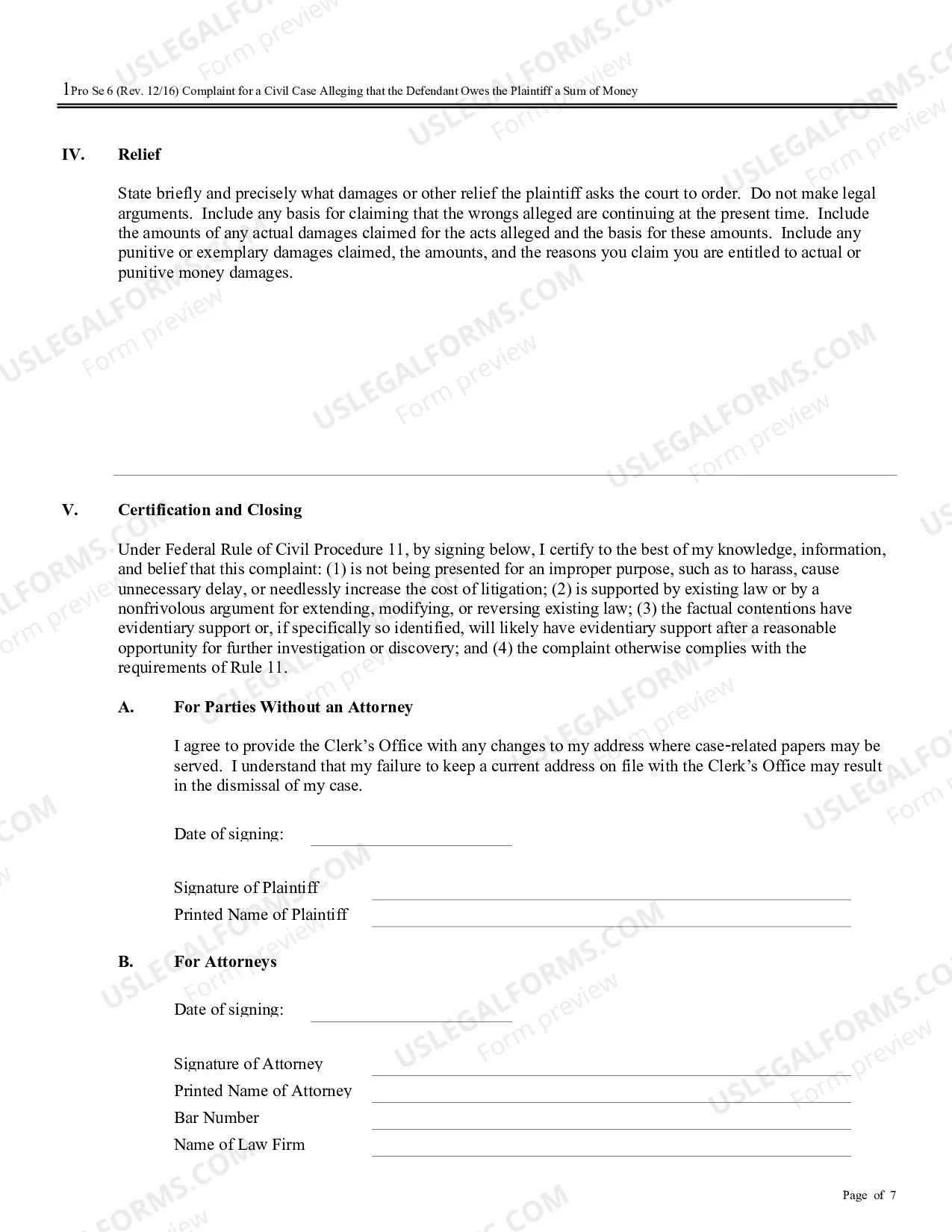 Preview Complaint for a Civil Case Alleging that the Defendant Owes the Plaintiff a Sum of Money