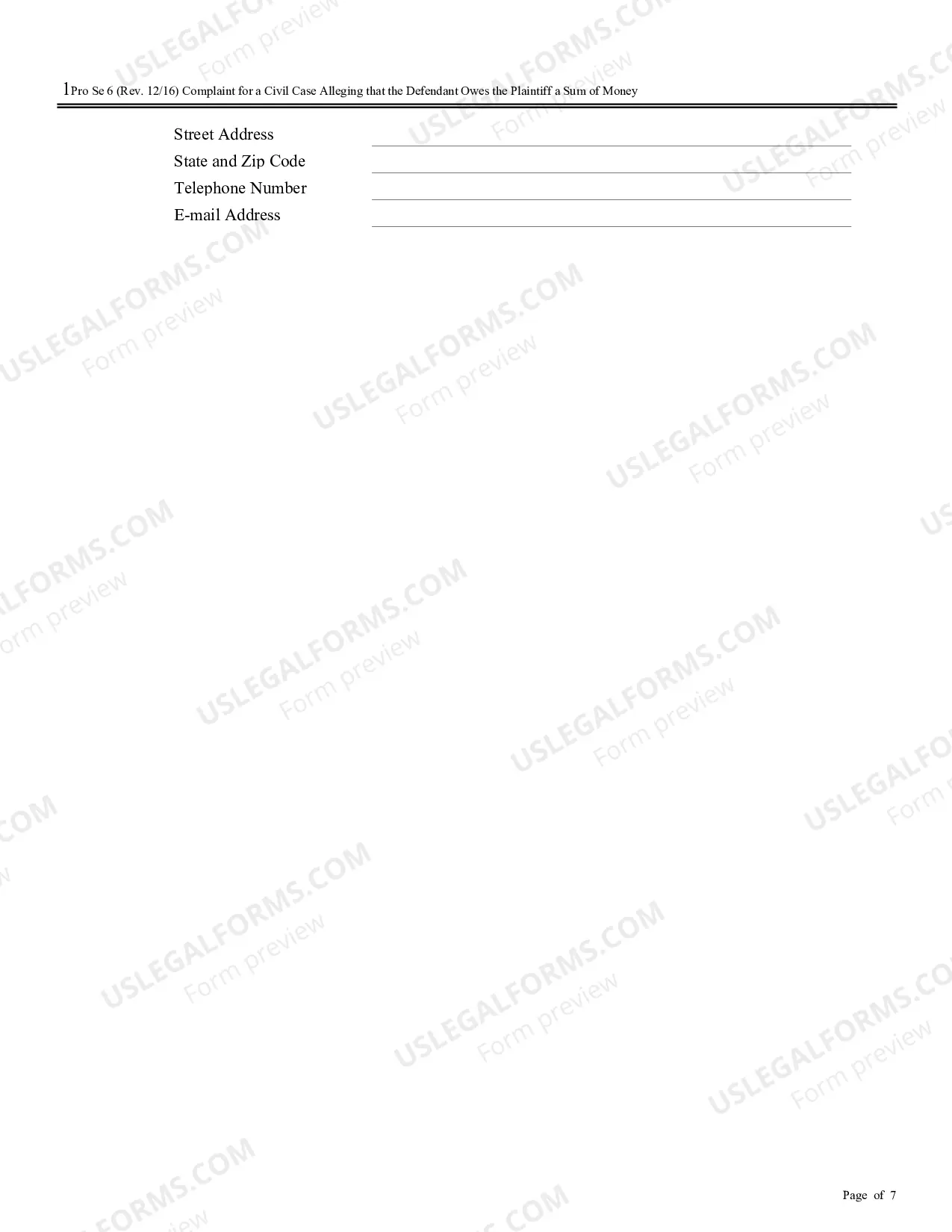 Preview Complaint for a Civil Case Alleging that the Defendant Owes the Plaintiff a Sum of Money