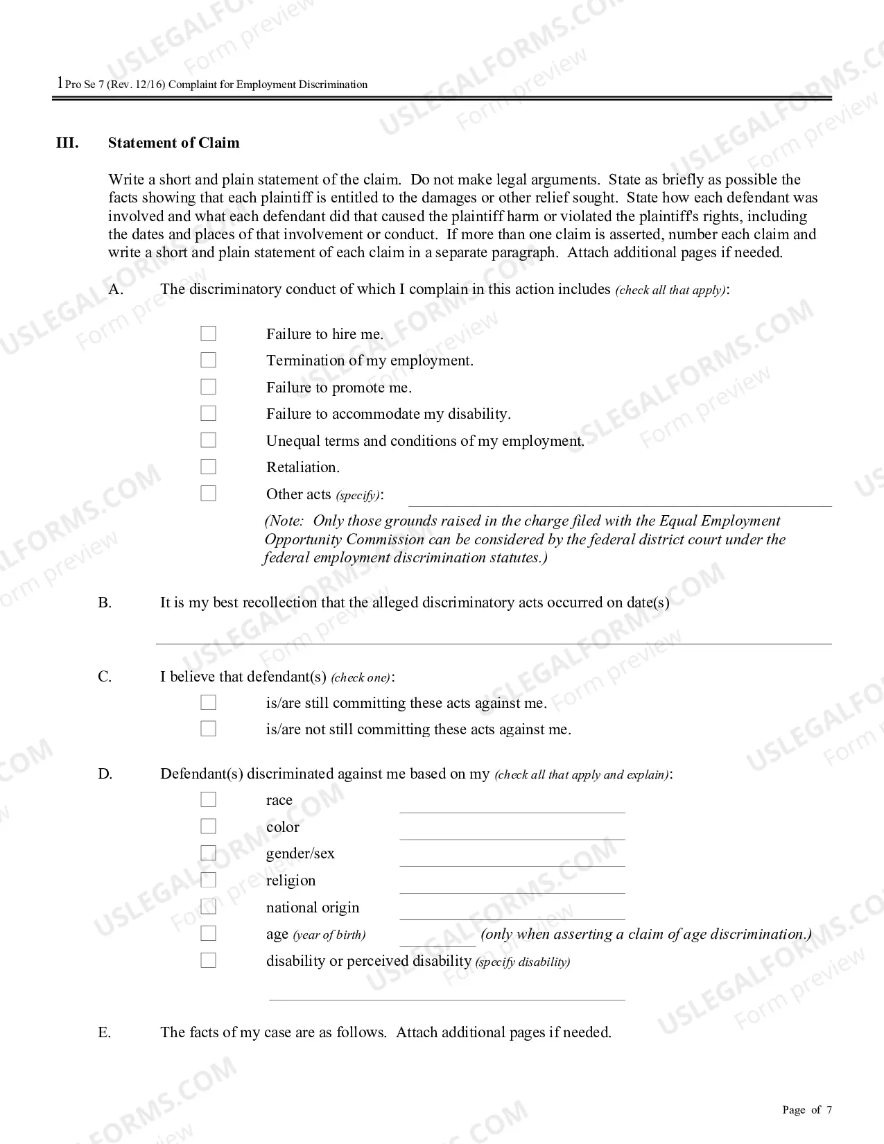 Preview Complaint for Employment Discrimination